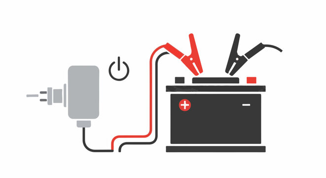 A gray charger with red and black clamps connects to a car battery