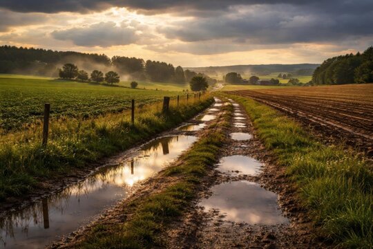 Paisaje rural despu&eacute;s de la lluvia con charcos que reflejan la luz en los campos de cultivo