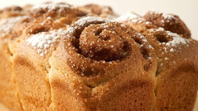 Extreme close-up of golden brown sweet babka loaf or cinnamon pull-apart bread dusted with powdered sugar and coarse sugar crystals, emphasizing rustic texture and artisanal bakery detail.