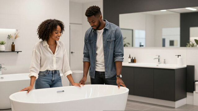 Young African American couple shopping for a modern freestanding bathtub in a bright, new bathroom showroom. They are happy with their home renovation choice
