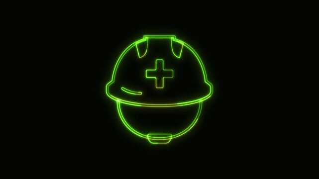 Rescue Worker Helmet Icon Neon Seamless Loop 4K Black Background Animated Promotional Typography for Video Editing