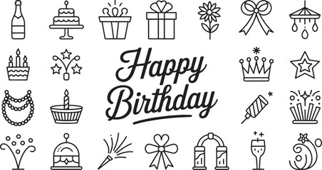 Fototapeta premium Elegant Luxury Happy Birthday Vector Icon Set Cursive Typography Party Celebration Graphic Elements