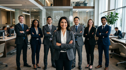 Fototapeta premium Diverse banking team standing in modern premium bank office with confident female financial advisor in foreground, bankers and investment consultants, professional finance workplace corporate portrait