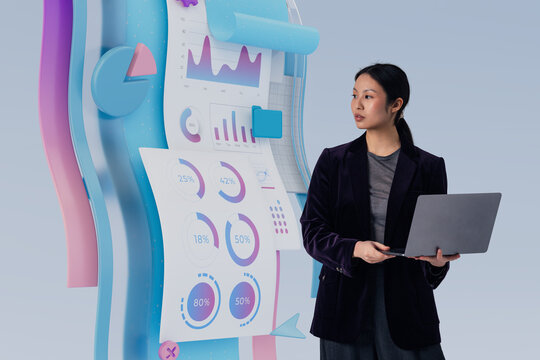 3D data dashboard with consultant reviewing laptop metrics