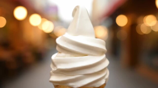 Close up of delicious vanilla soft serve ice cream in a cone held outdoors against a blurred background with warm city market lights (bokeh effect) suggesting a sweet summer indulgence.