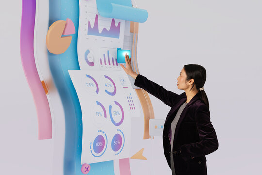 3D analytics touchscreen with analyst selecting data panel