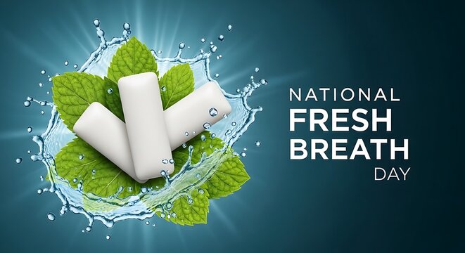 National fresh breath day concept with chewing gum pieces, mint leaves and water splash