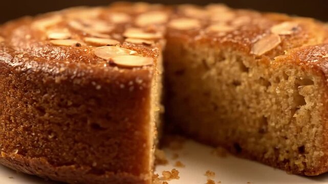 Extreme close-up of delicious homemade almond cake topped with sliced nuts and sugar glaze, showing detailed rustic texture of the golden brown crust.