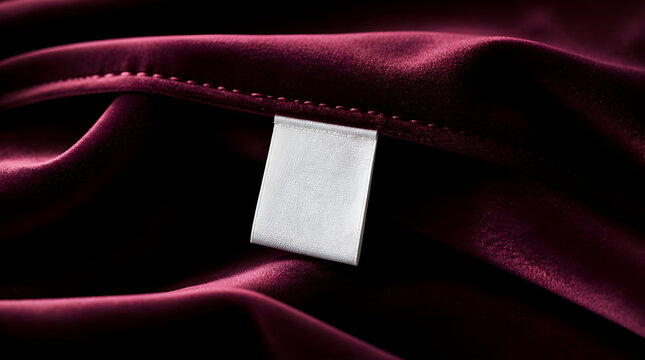 Blank white clothing tag on maroon satin fabric background.