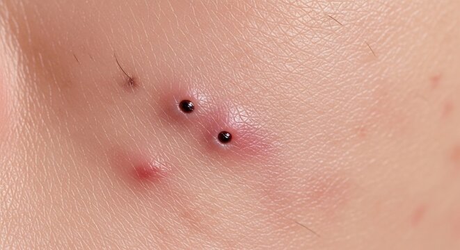 Close-up of skin with blackheads and pimples skin condition.