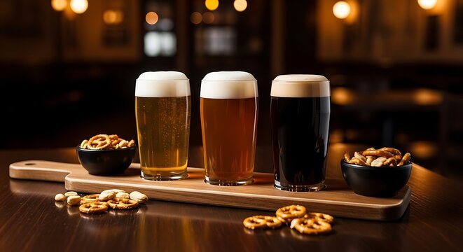 Beer flight with three different types of beer and pretzels on a wooden serving board
