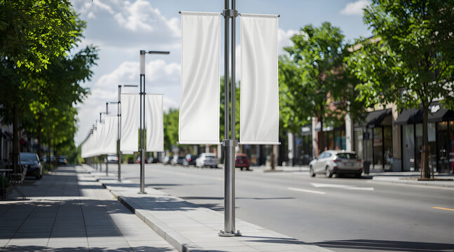 Blank white vertical banners hanging on street lamps in a sunny city street.