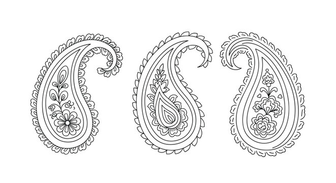 Ornate paisley pattern elements featuring detailed floral and leaf motifs in traditional black and white line art on a plain background.