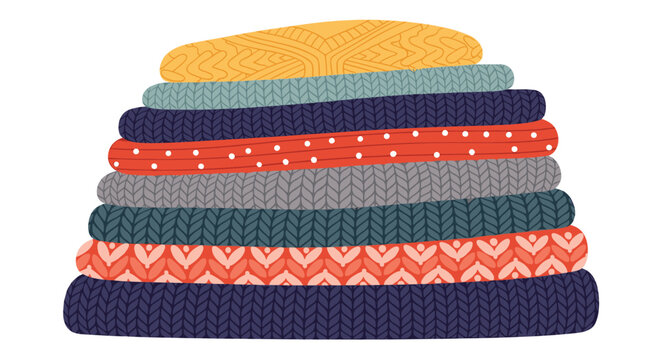 Cozy stack of various colorful knitted wool sweaters with different patterns and textures for winter and autumn fashion.