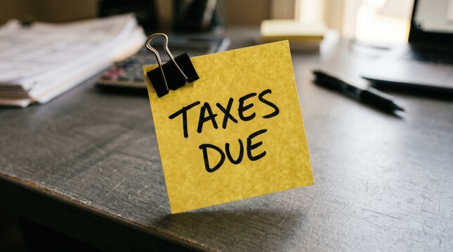 Urgent yellow sticky note with 'taxes due' reminder clipped to desk emphasizing financial deadline reminder deadline