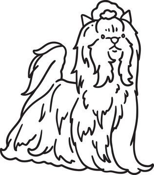 Yorkshire terrier line art set small fluffy dog doodle cute pet outline minimalist black contour hand drawn clipart for grooming salon pet accessories veterinary packaging coloring pages simple sketch