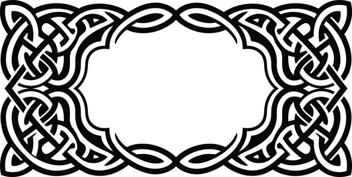 Intricate black and white celtic knotwork decorative frame illustration with a classic medieval artistic style.