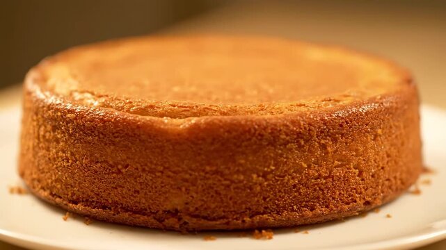 Close up shot of a perfectly baked, plain round golden cake base or cheesecake crust on a white plate, highlighting the porous texture and warm color.