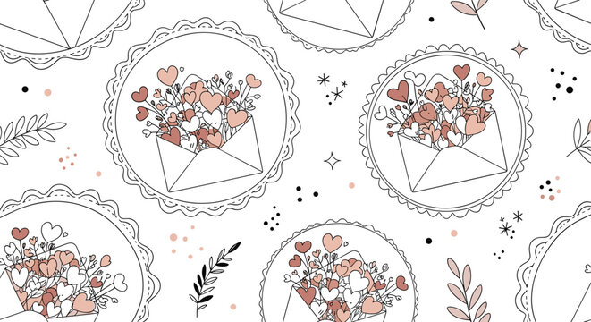 Romantic seamless pattern featuring delicate envelopes filled with hearts and floral elements for Valentines Day themes.