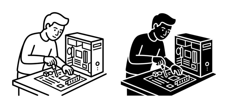 Computer Assembly, PC Building, Tech Repair Icons. Vector Graphics for IT Professionals and Hobbyists.