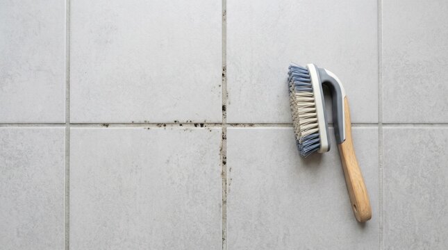 Cleaning brush on tiled floor with black mildew in grout lines  