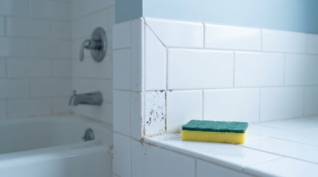 Sponge resting on dirty bathroom tiles near bathtub  