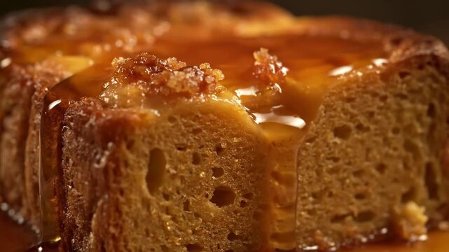 Close-up macro shot of delicious golden brown cake or sticky pudding drenched in sweet, thick caramel sauce dripping slowly down the sides, emphasizing texture and appetizing dessert concept.