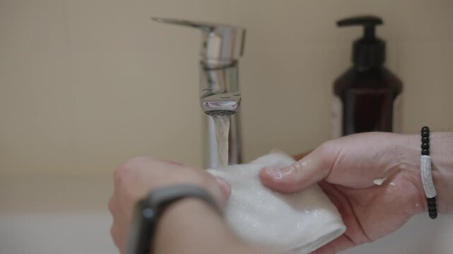 Male hands rinsing and wringing out a small white washcloth under running water from a bathroom tap