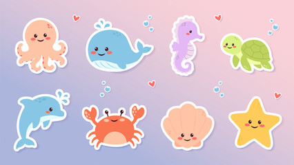 Baby ocean creatures stickers pack with whale octopus crab and turtle vector illustration. © Marina
