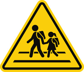 School zone warning crosswalk sign vector illustration with children walking on yellow triangular background