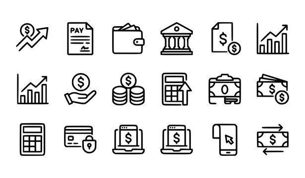 Income and money management line icon collection with banking and investment symbols vector illustration