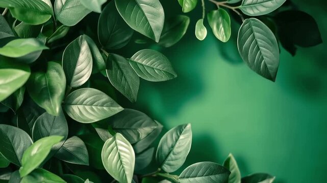 Fresh green leaves border on a vibrant green background, creating a natural and calming frame