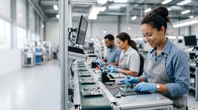 Professional technician assembling circuit boards on an electronics production line. Mixed race specialist testing microchips in a modern factory assembly area.