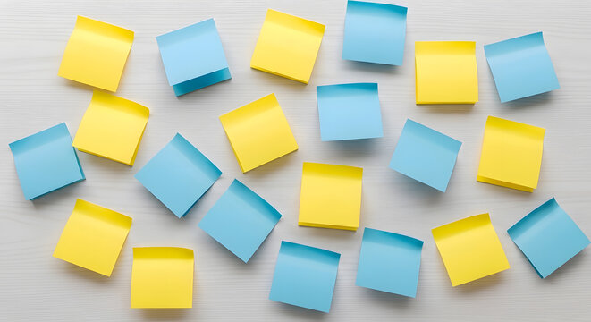 Flat lay of yellow and blue sticky notes scattered on white wooden desk