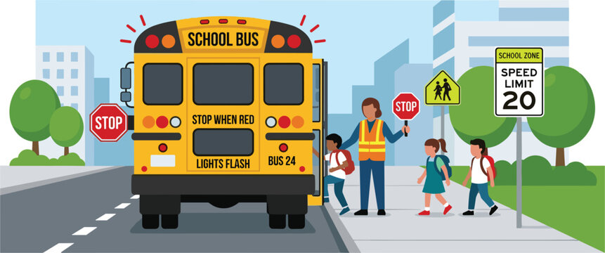 School bus safety vector illustration with crossing guard assisting students near speed limit road sign