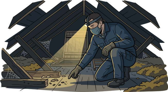 Professional pest control inspector examining attic for signs of rodent infestation