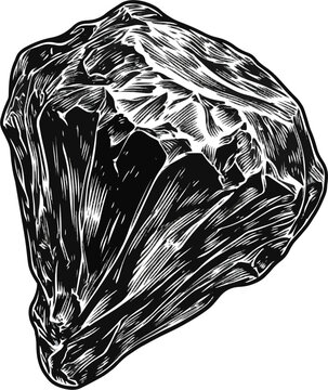 A solitary, charcoal-black paint stamp crafted from crumpled foil wrapper, set against a pristine white backdrop, showcases sharp angular facets and high-contrast boundaries ideal for vectorization
