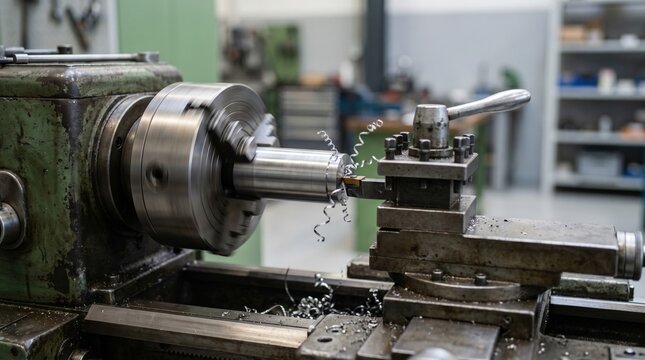 Industrial metal lathe turning a steel shaft with precision tool and cutting chips in a machine workshop. Metal machining process inside a manufacturing workshop with rotating parts and engineering