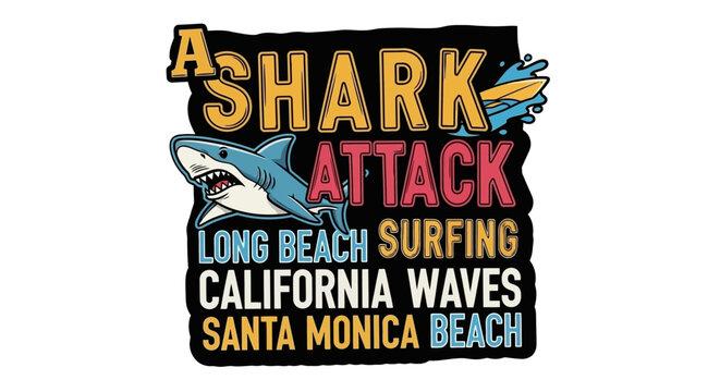 Vintage Shark Attack Illustration for California Long Beach Surfing T-Shirt Design