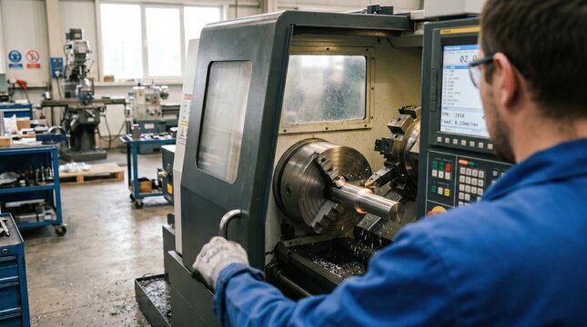 Professional machinist operating a cnc lathe in a busy workshop. Skilled white man in blue workwear performing precision metal turning in industrial manufacturing environment.
