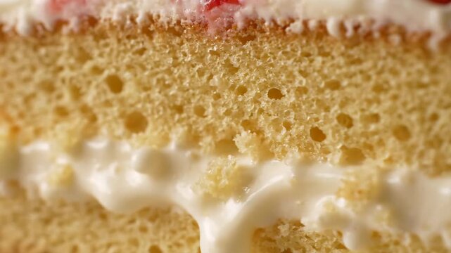 Extreme Close-Up Macro Shot of Layered Sponge Cake Slice with Thick Whipped Cream or Buttercream Filling Showing Soft Porous Texture
