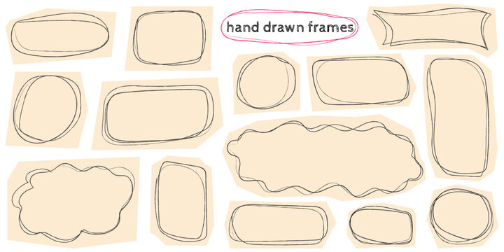 Hand drawn frames and speech bubbles on old paper. Doodle style text frame cut out from notebook. Vector set of grunge elements for scrapbooking, collages, and social media.