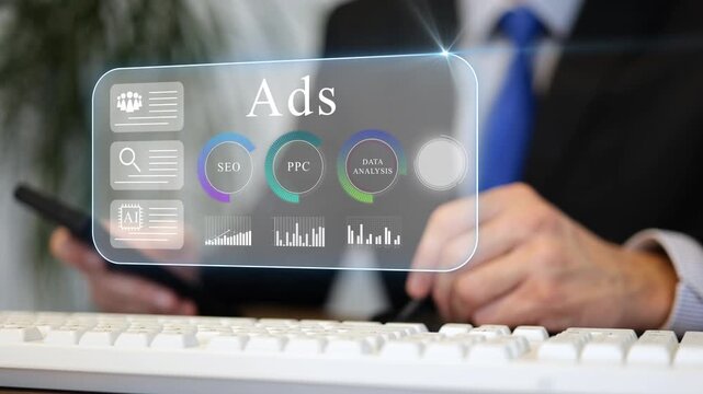 Businessman using digital advertising dashboard with SEO PPC AI and analytics interface in office
