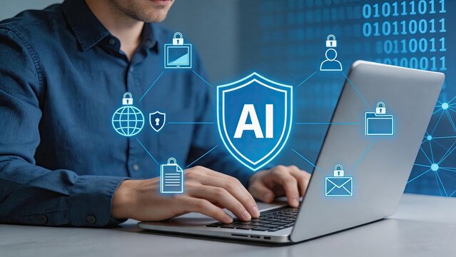 Artificial intelligence AI shield protecting digital assets, cybersecurity concept with locked devices and binary code background, advanced technology solution for data safety,