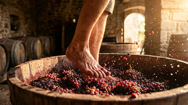 bare feet stomping red grapes traditional wooden vat winemaking process