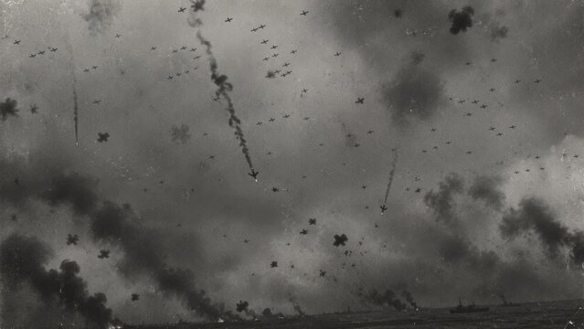 Intense aerial wartime battle with anti aircraft explosions, smoking planes and dramatic monochrome combat atmosphere above the sea