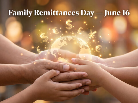 Hands holding a glowing globe with currency symbols, representing family remittances and international financial support on June 16th.