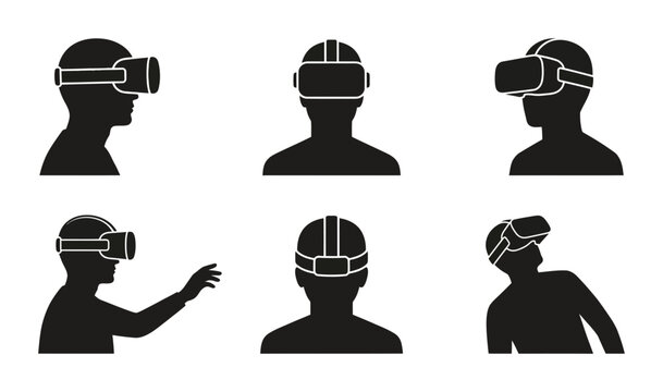 Virtual Reality Headset Silhouettes, VR Goggles Icons, Futuristic Technology User Views