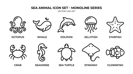 Set of Monoline Sea Animal Icons Including Octopus, Whale, Dolphin, Jellyfish, Starfish, Crab, Seahorse, Sea Turtle, Stingray, and Clownfish. © Terra