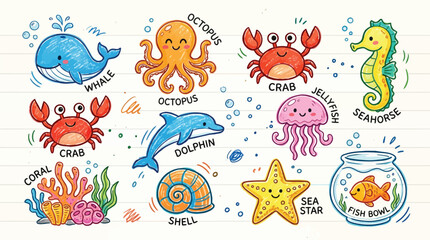 Collection of cute cartoon sea creatures and marine life with labels. © Terra
